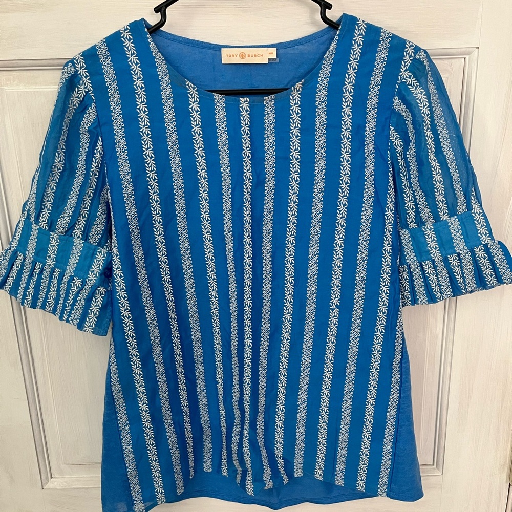 Tory Burch Embroidered Organza Blouse Blue MED